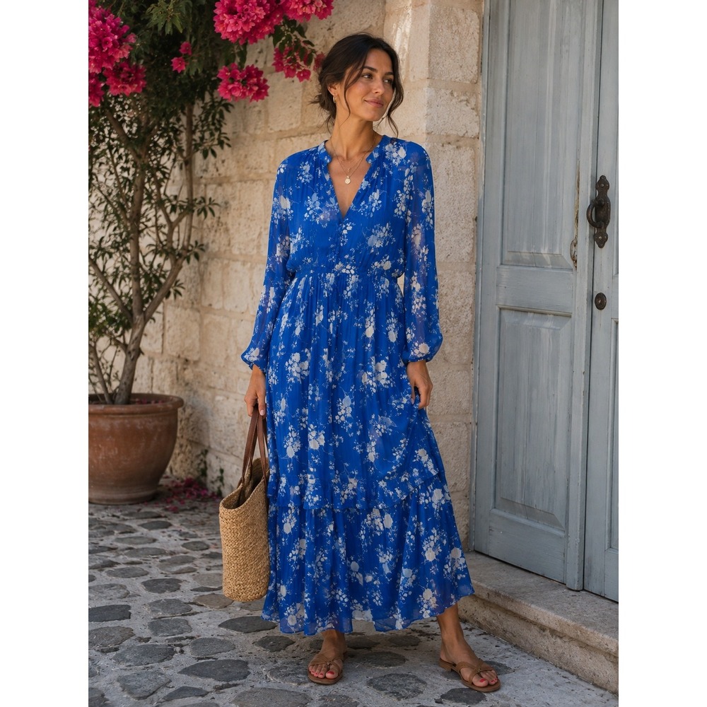 Anthropologie Maxi Dress Womens M Blue Floral Tiered Chiffon Long Sleeve Tassel